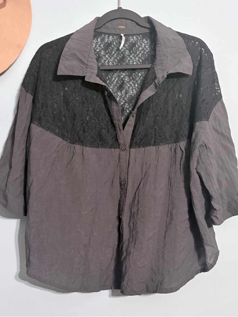 Medium oversized Free People Gray Button-Up Top with Black Lace Yoke Whimsygoth
